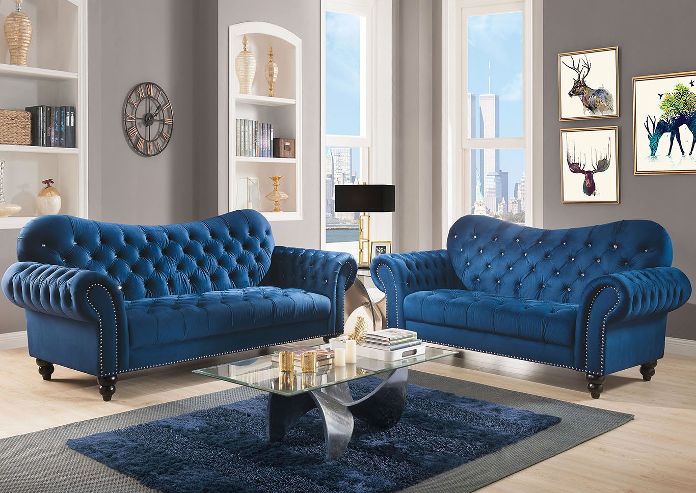 Navy blue couch in living deals room